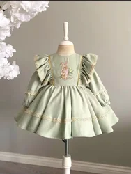 0-12Y Baby Girl Summer Light Green Rabbit Embroidery Vintage Princess Ball Gown Dress for Birthday Holiday Photography C87