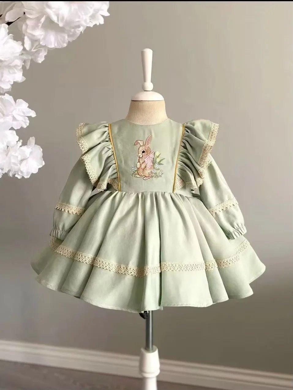 0-12Y Baby Girl Summer Light Green Rabbit Embroidery Vintage Princess Ball Gown Dress for Birthday Holiday Photography C87