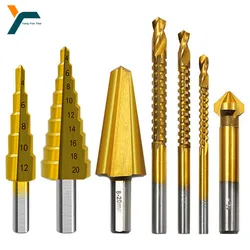 7Pcs Step Drill Bit Saw Umbrella Chamfer Bit Straight  Titanium Milling Cutter 4-12/20mm 3 6 8 mm Woodwork Metal Hole Cone Drill