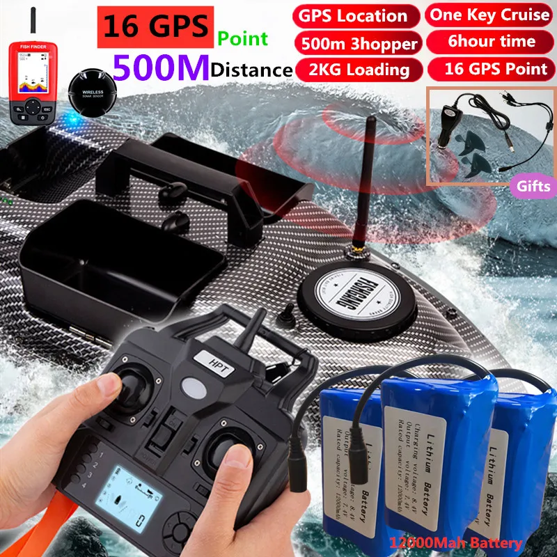 500M GPS Bait Boat Smart Cruise 16 Point GPS Position Fishing Bait Boat 2KG Load 3 Hoppers Dual Night Light GPS RC Nesting Boat