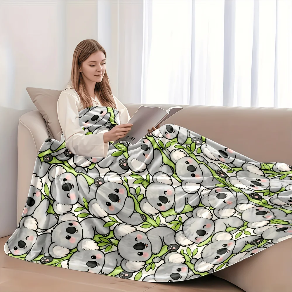 1pc Koala Bamboo Flannel Blanket - Heavyweight 280GSM Ultra Soft Warm Bedspread Suitable for - Use, Machine Washable Cozy Throw for Bed, Sofa, Dorm & Car, Koala & Bamboo Print Bedding Gift for And
