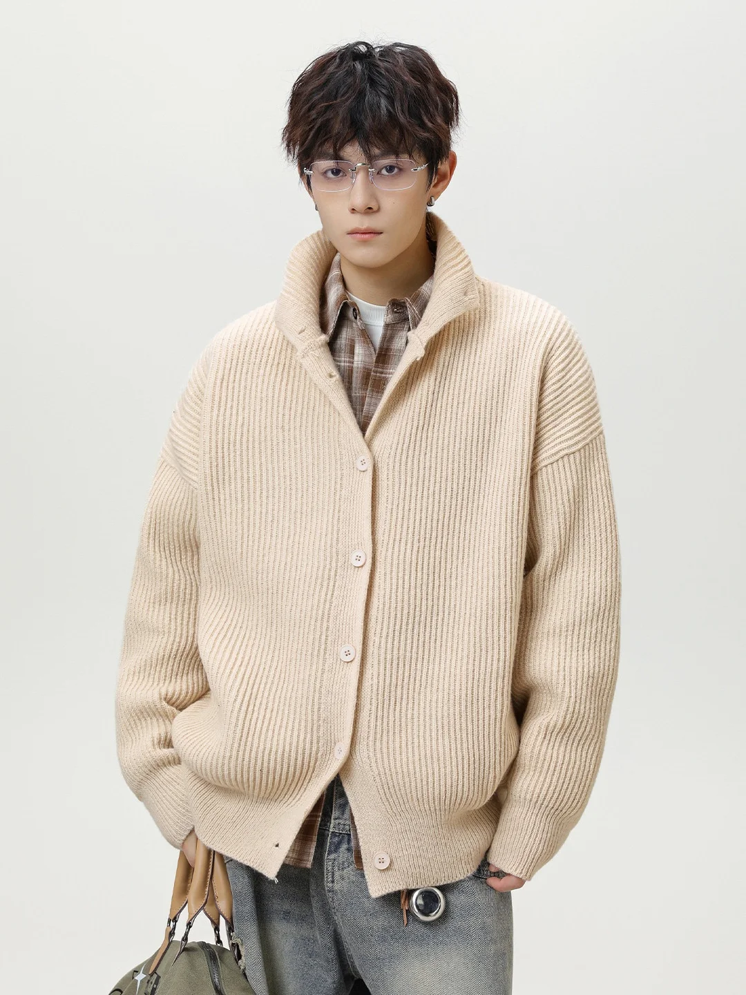 

Мужской кардиган с высоким воротником, осенне-зимний, однотонный, вязаный, имитация оленьего меха, свободный крой, повседневная одежда