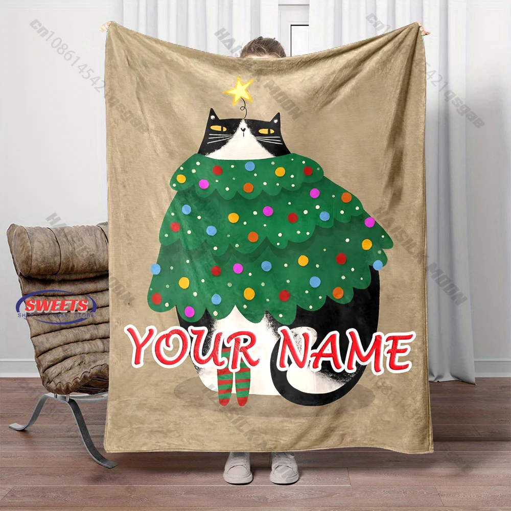 Personalized Name Custom Christmas Blanket Christmas Cat Blanket Set Soft Skin-Friendly blanket，all seasons, Christmas Gift
