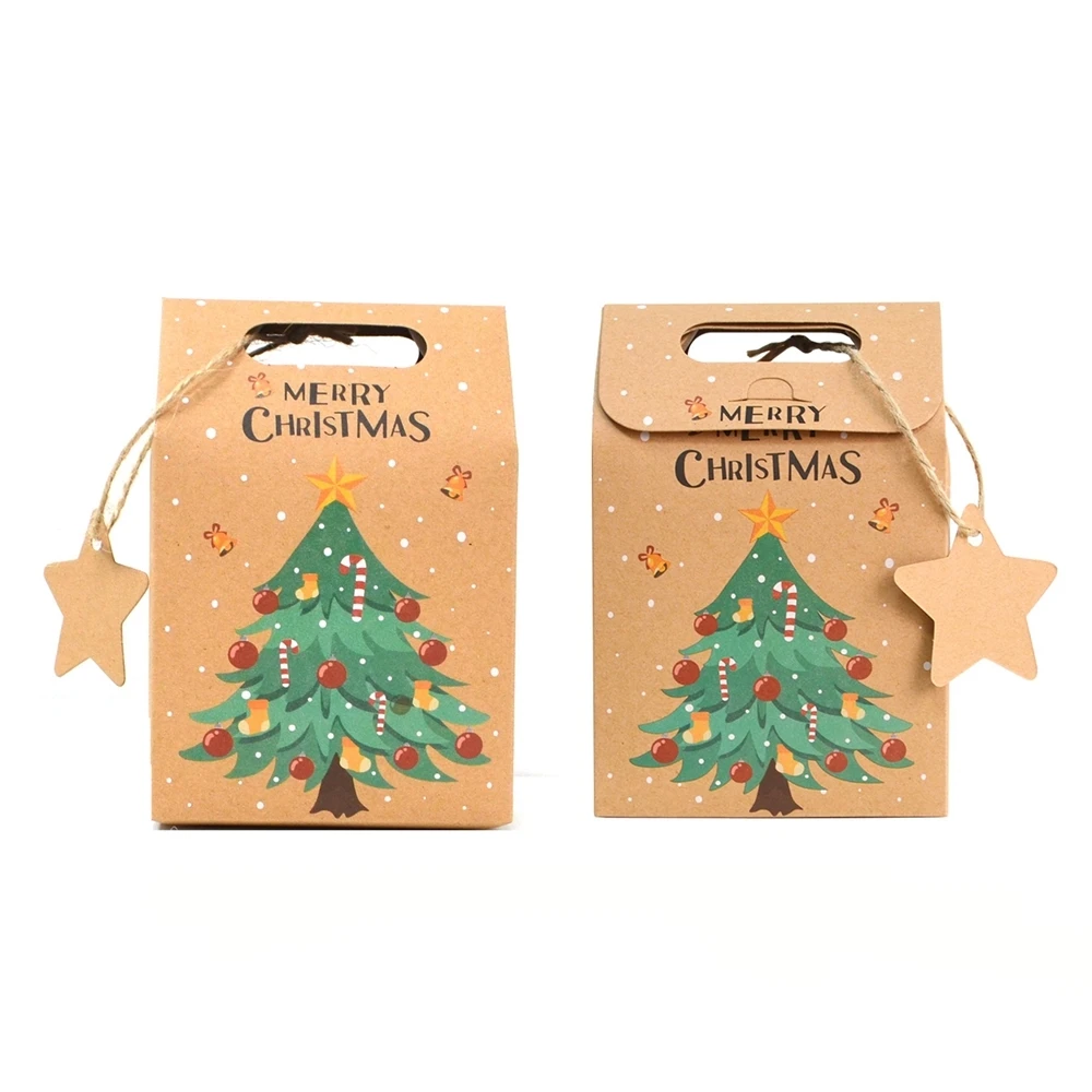 6pcs Christmas Gift Box Kraft Cartoon Santa Claus Cookies Candy Packing Paper Bags Merry Xmas Happy New Year Party Decorations