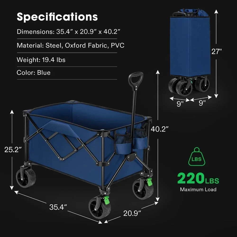 Wagon Handcart Carts Adjustable Handle Folding Cart for Camping Shopping Push Cart  Blue Collapsible Folding,Garden Trolley