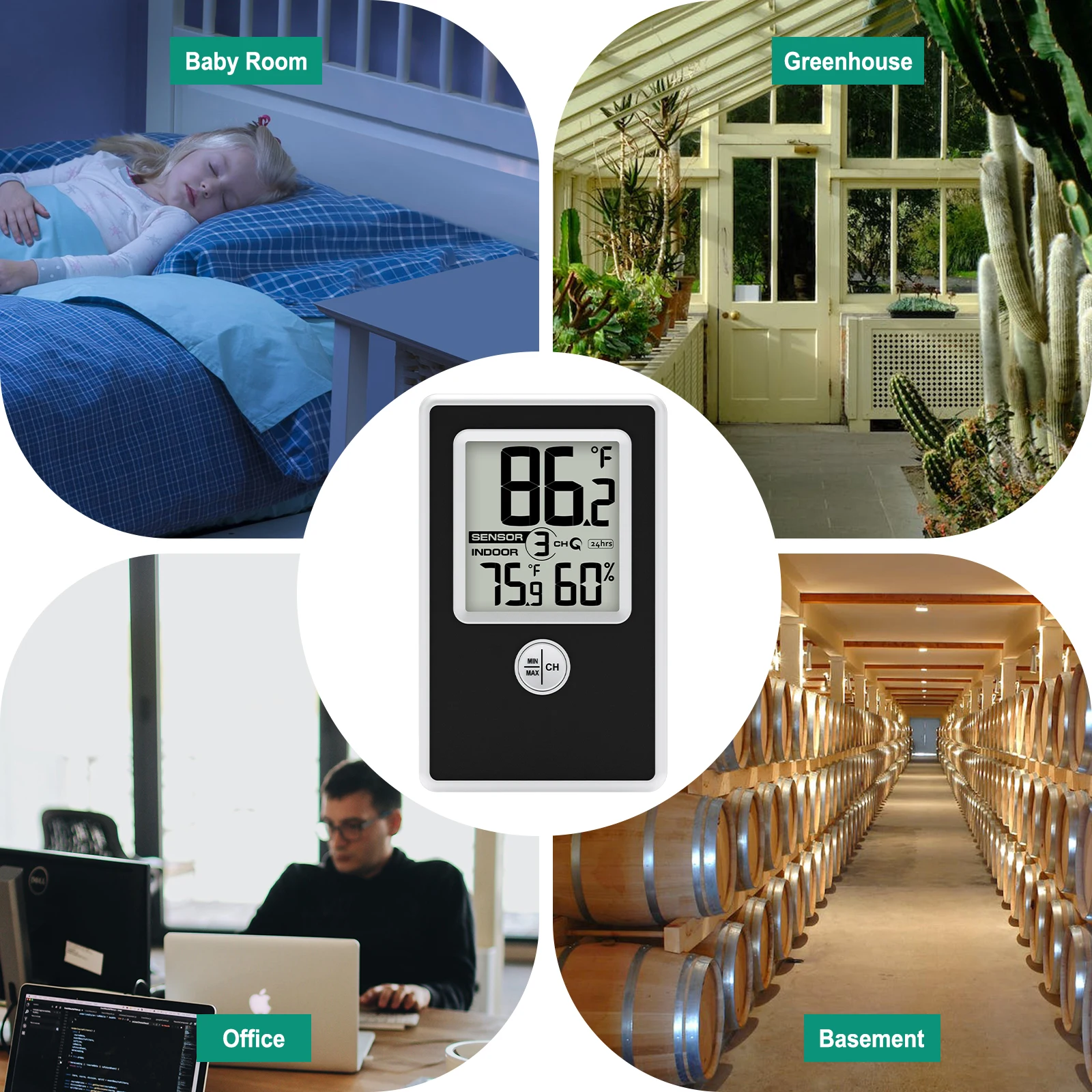 Wireless Thermometer Hygrometer Indoor Outdoor Dual Channels 100m Range 8 Sensors Support Min/Max Records Auto Reset LCD Display