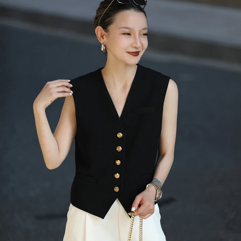 Black V-neck Suit Vest for Women Vintage Outer Gold Button Simple Elegant Tight Waist Cardigan Sleeveless Top Jackets Traf Store