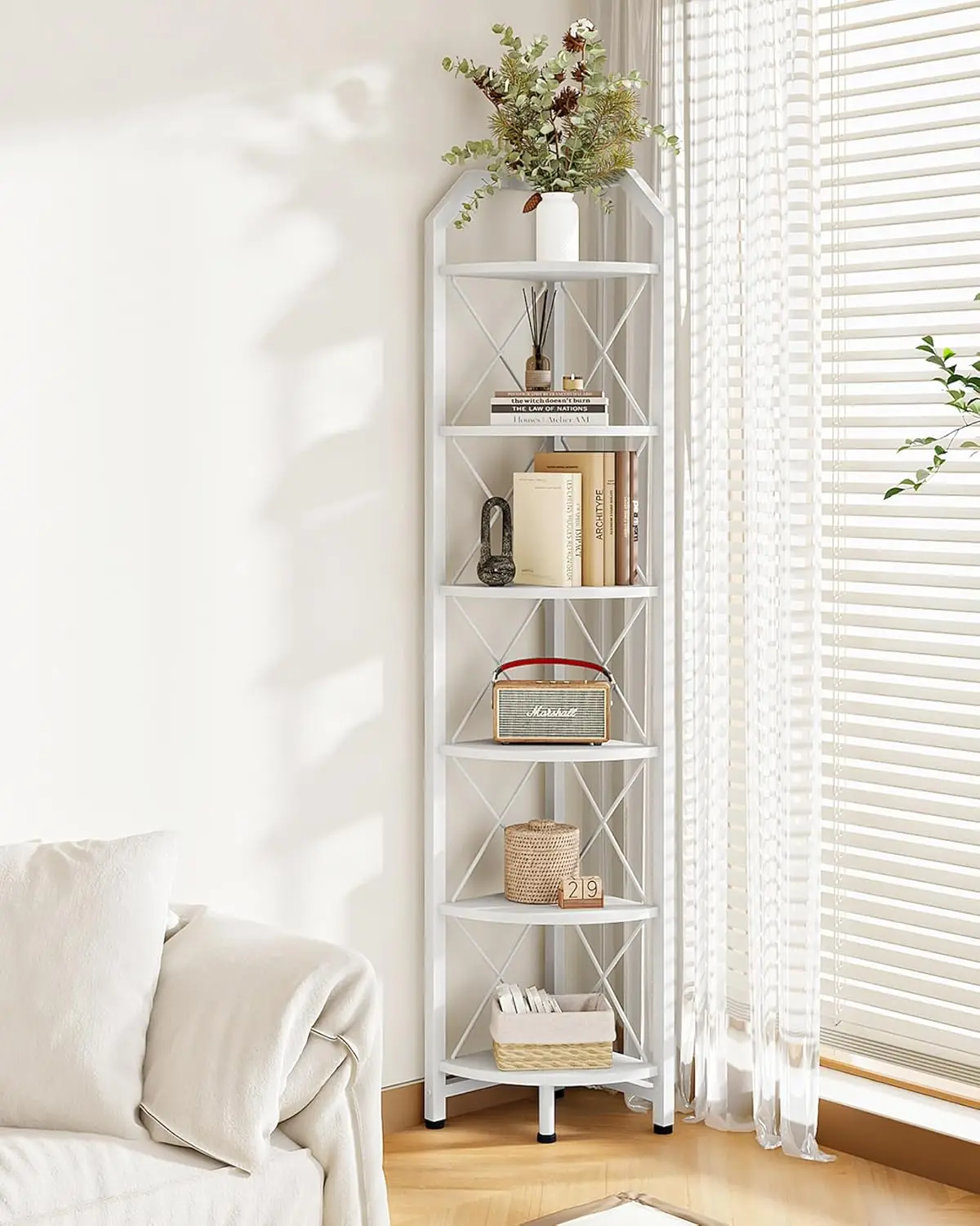 

71.2" 6-Tier Industrial Corner Shelf, Corner Storage Stand, Plant Stand Display, Bookcase for Living Room, Bedroom, Home Office, White