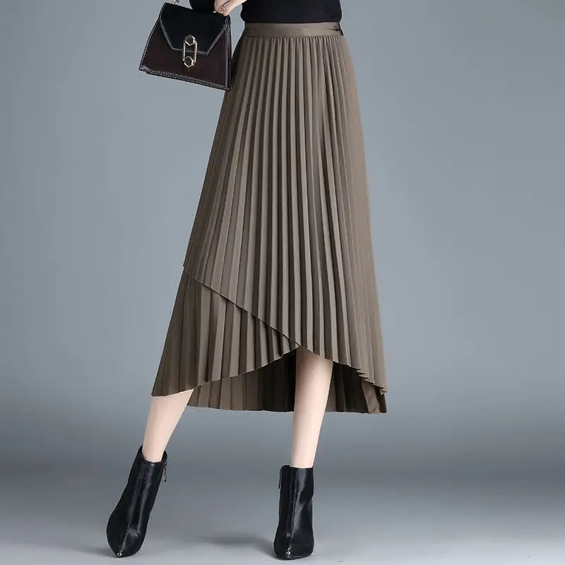 

Casual Irregular Pleated A-Line Midi Skirts Spring Autumn Solid Color Female Clothing Basic Korean Stylish Asymmetrical Skirt