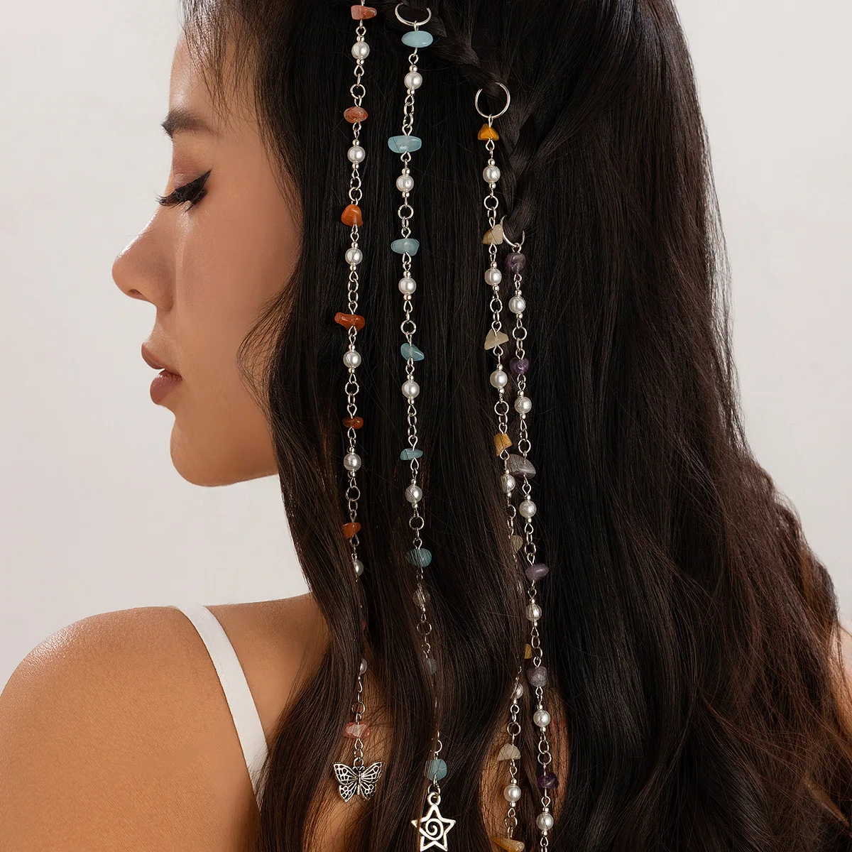 

Vacation Style Natural Stone Long Crushed Stone Chain Braided Dreadlock Hairpiece-Butterfly & Star