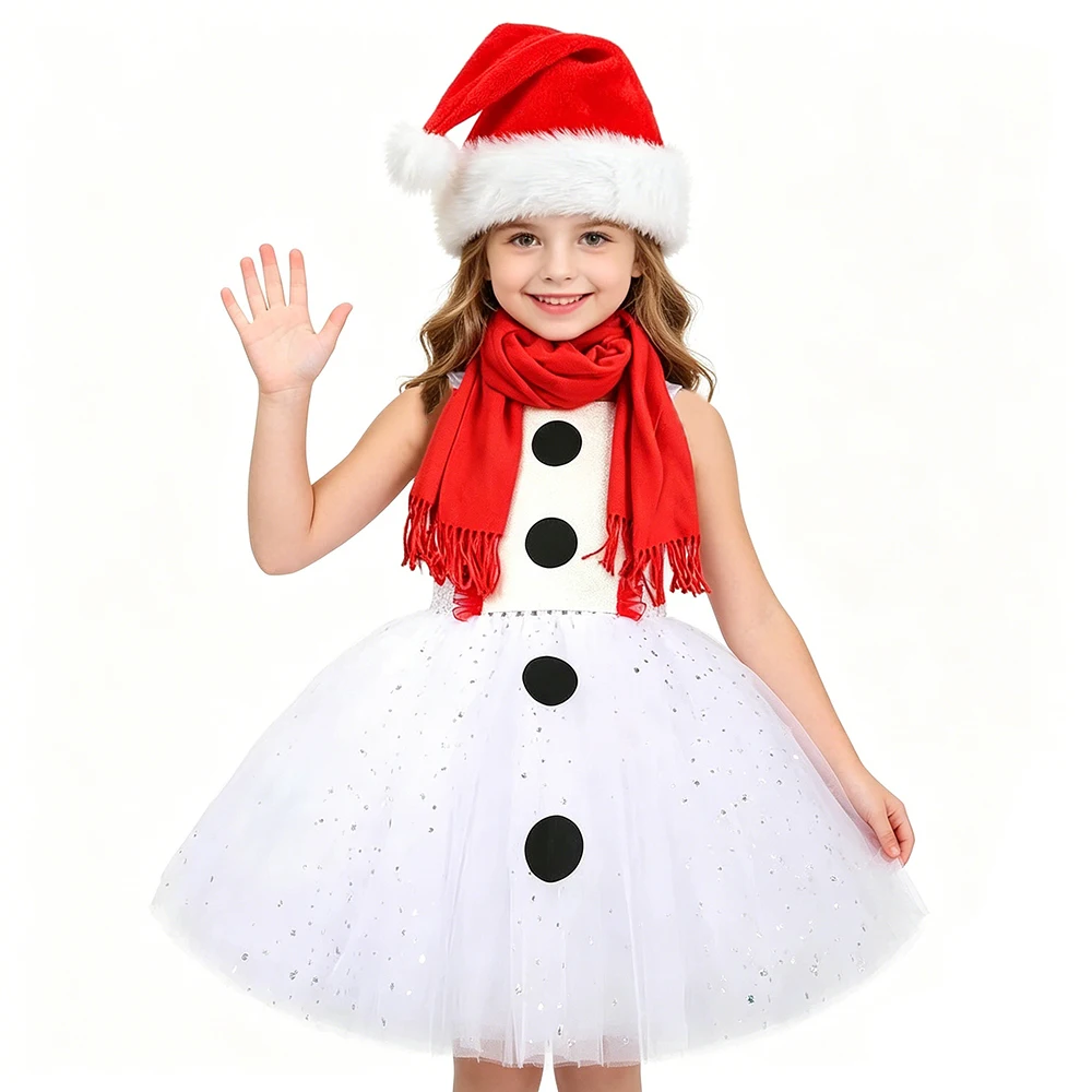 

Christmas Snowman Tutu Dress for Little Girls Sparkly White Tulles Xmas Costumes with Hat & Scarf Winter New Year Party Outfit