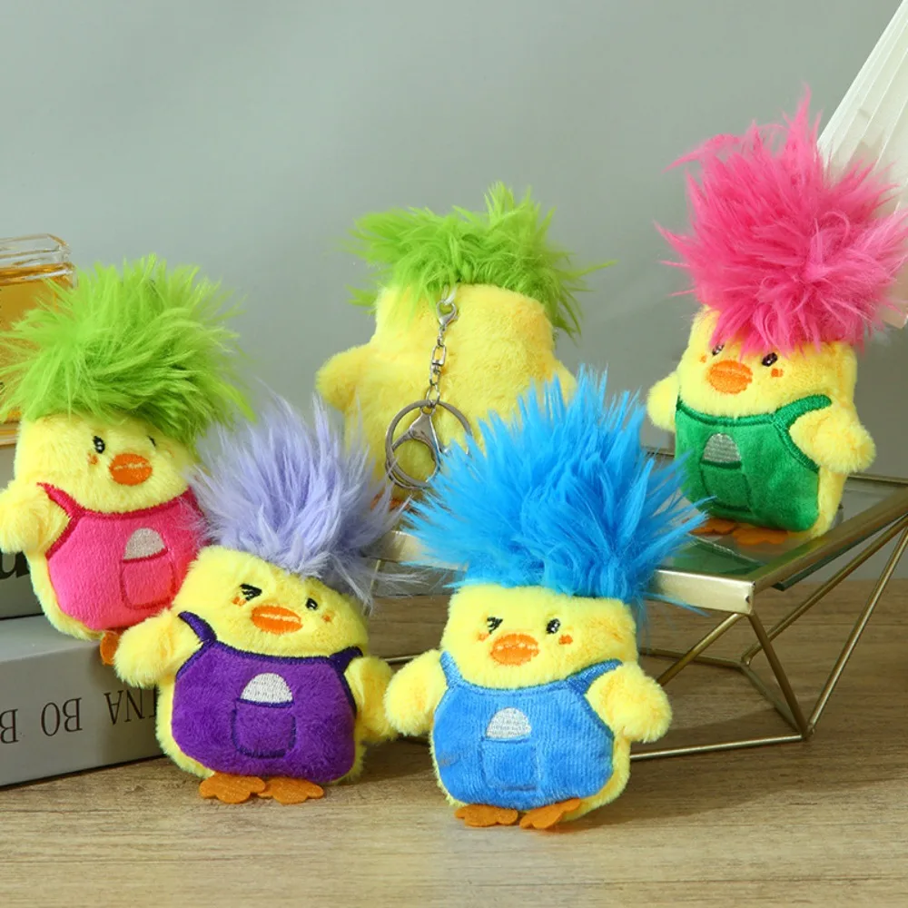 Lindo llavero de pato de peluche de algodón PP, adornos de dibujos animados, llavero de pato de pelo explosivo, colgante de muñeco de peluche suave amarillo para niños