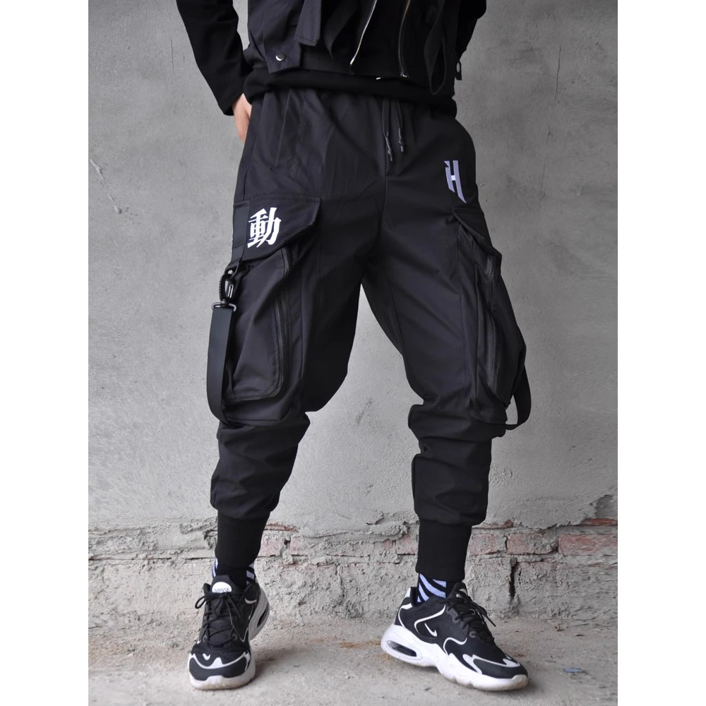 2025 Tactical Pants Men‘s Chinese Character Embroidered Cropped Pants Functional Multi Pockets Cargo Trousers Techwear Black