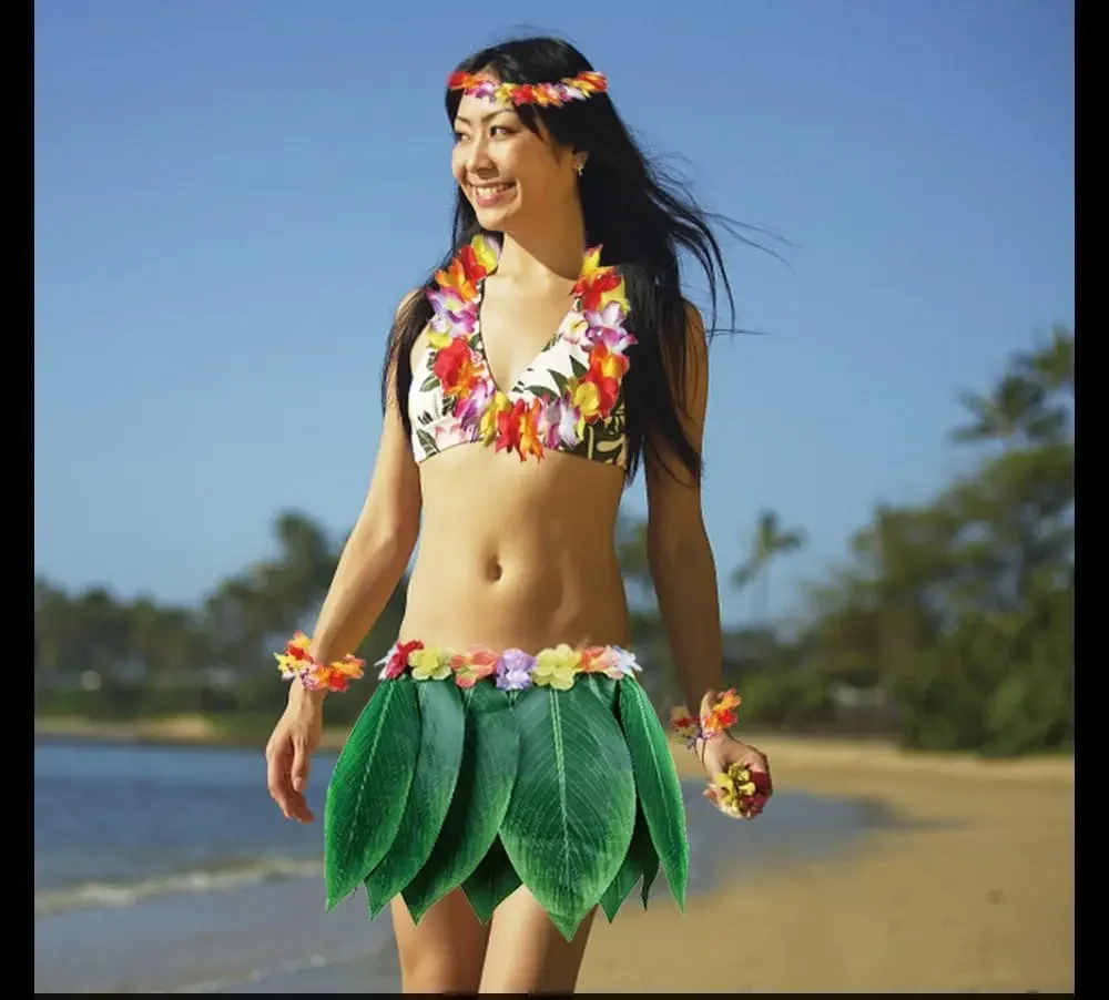 Leaf Hula Skirt and Hawaiian Leis Set Grass Skirt with Artificial Flowers Hula Costume Beach Party  Birthday Wedding Festival