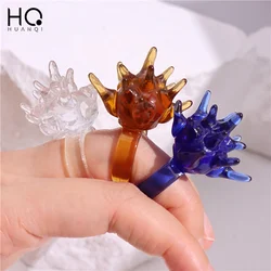 HUANQI Odd Clear Resin Statement Ring for Women Girls Ocean Ball Sea Urchin Shaped Exaggerated Unique Trendy Handmade Jewelry