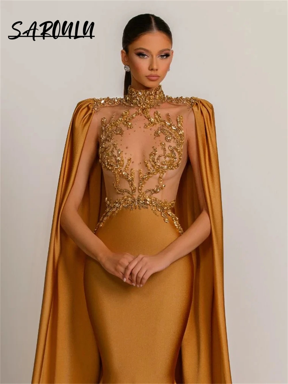 Luxury Hand-sewn Beaded Prom Dress Satin Cape Long Sleeves High Neck Illusion Rhinestones Long Maxi Evening Dresses Plus Size