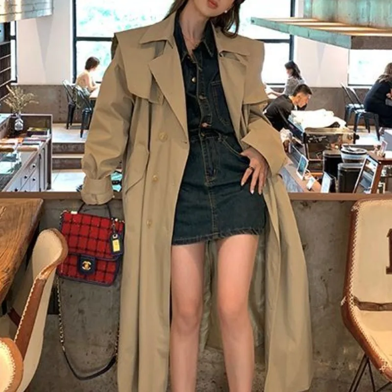 New Khaki Windbreaker Women\'s Long Coat Solid Lapel Belt Pocket Button Coats Female Autumn Winter Korean Loose Fashion Overcoat