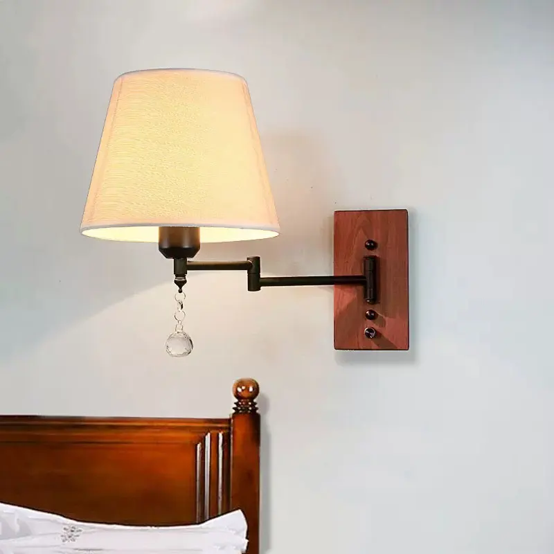 American Folding Bedside Wall Lamp Living Room Bedroom Study Lamp Nordic Wood Grain Rocker Arm Lamp With Switch Fabric Lamp