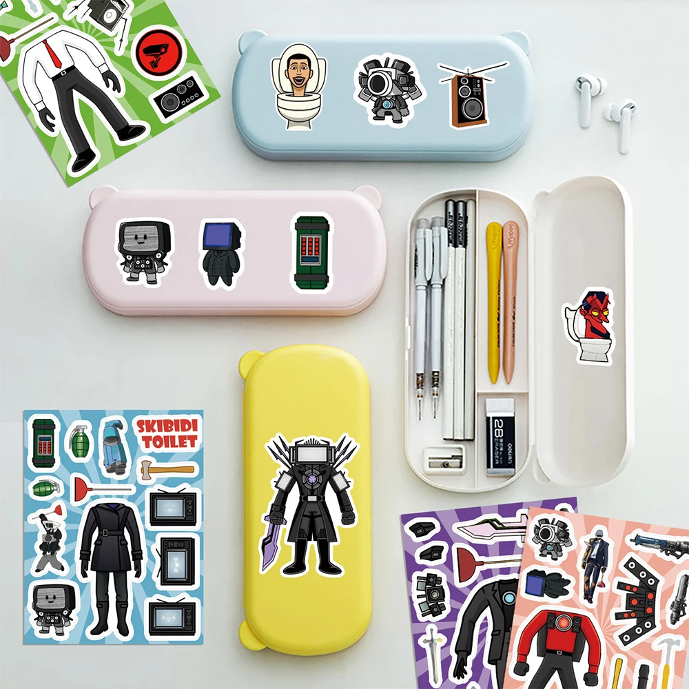 8/16sheets Make a Face Skibidi Toilet Puzzle Stickers Children DIY Assemble Toy Decals Funny Cartoon Jigsaw Game Sticker for Kid - Image 4