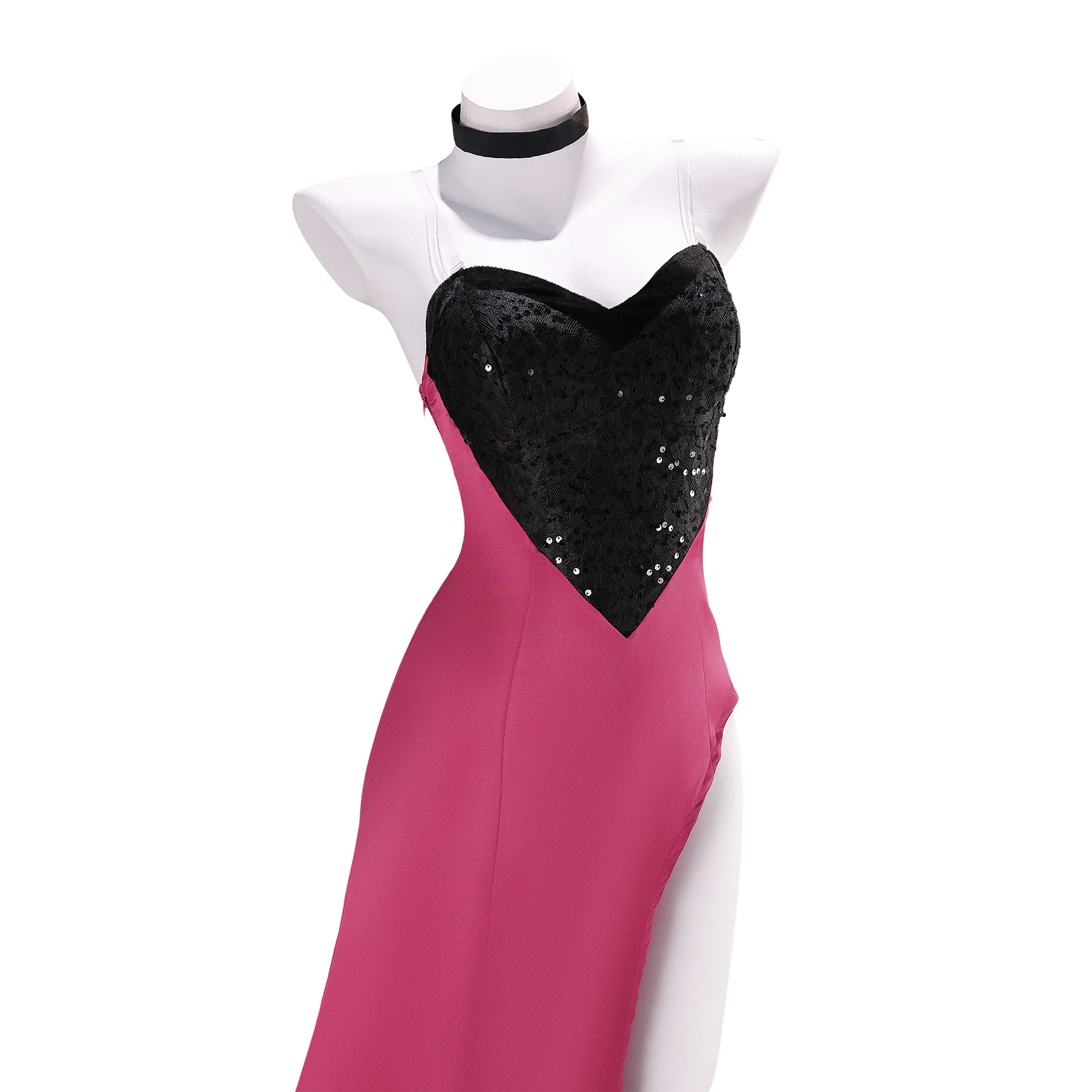 Angel Dust Cosplay Costume Heart Sequin Spaghetti Strap Mermaid Dress Pink Satin High Side Slit Long Gown Black Choker set view 4