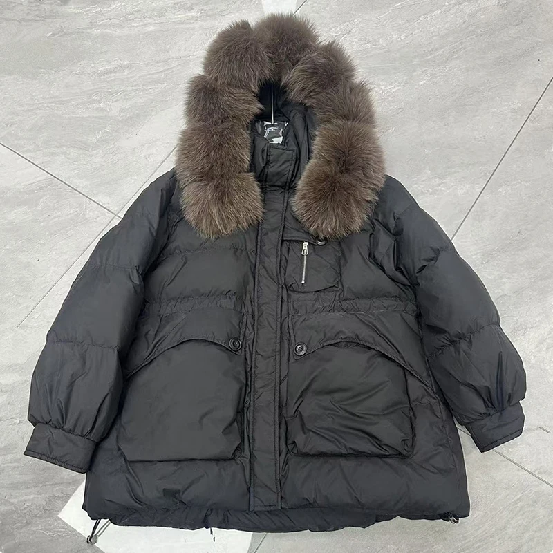 الشتاء الطبيعي كبير الفراء طوق منتصف طول أسفل سترة المرأة الأبيض بطة أسفل مقنعين باركر أبلى الإناث سستة سترة سميكة دافئة #3