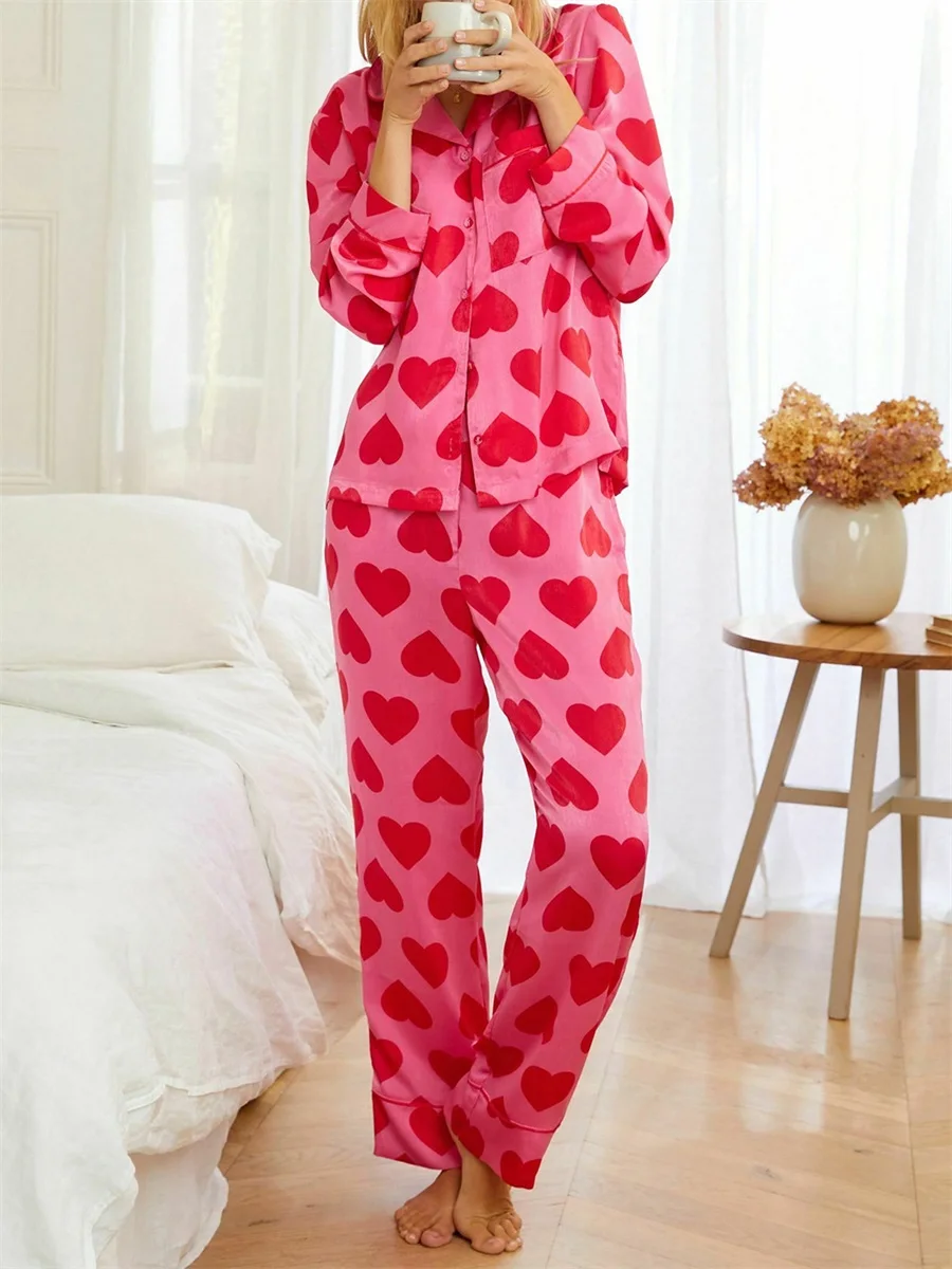 Women’s Two Piece Pajama Set Casual Long Sleeve Heart Print Shirt and Pants Set Loungewear