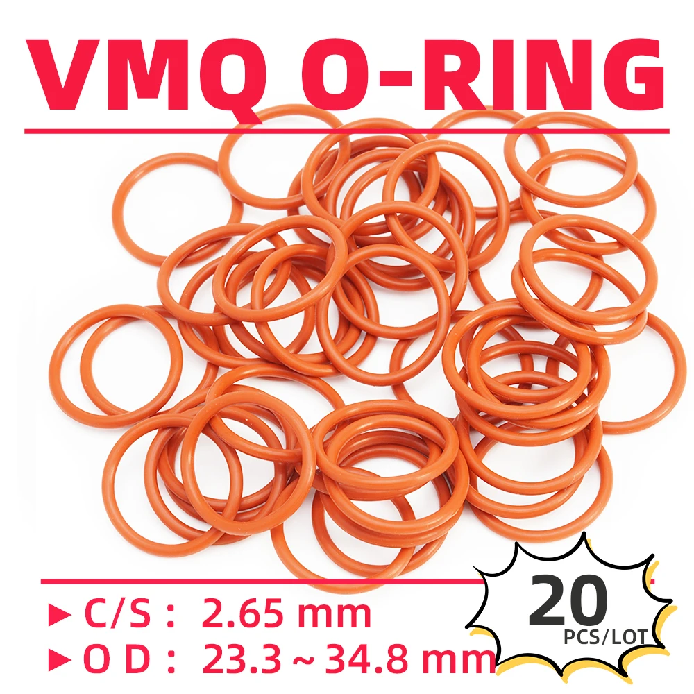 

20PCS/Lot Rubber Red VMQ CS2.65 mm OD 23.3/24.3/25.3/26.5/27.7/28.9/30.3/31.1/31.8 mm O Ring Gasket Oil Resistant Waterproof