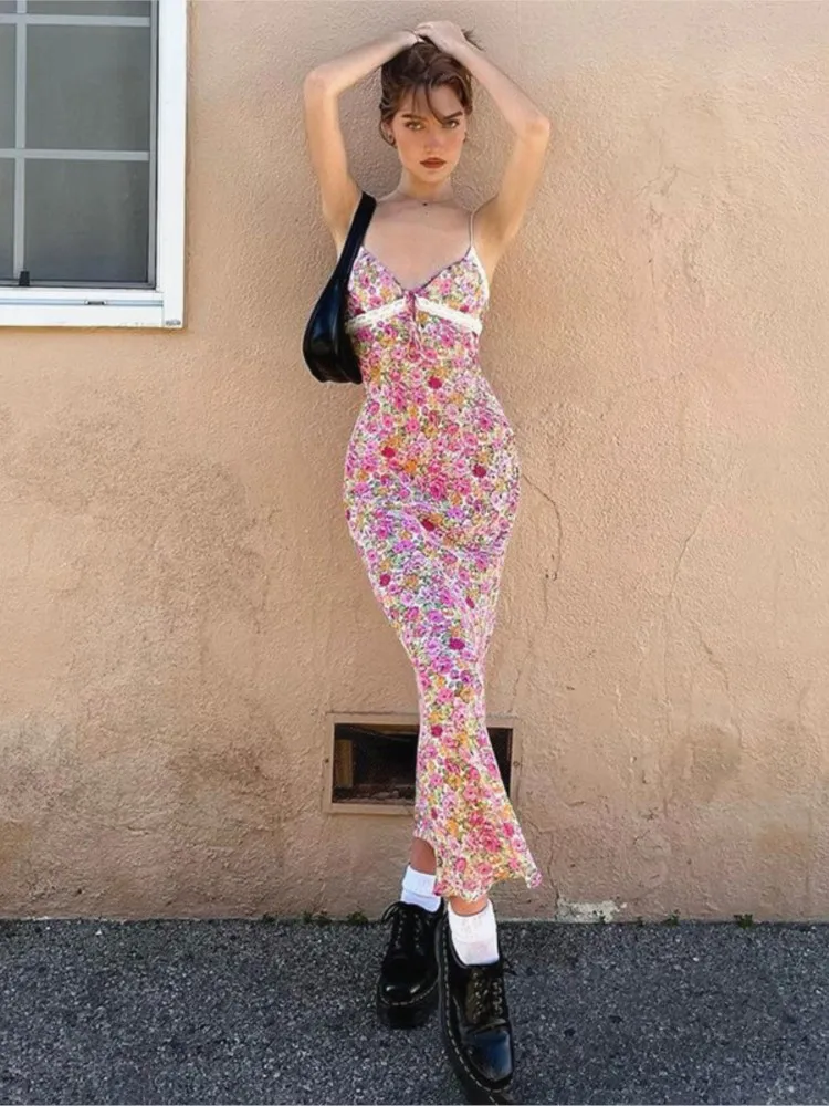 

Summer Sexy Dress Temperament Dresses 2025 Woman Fresh And Sweet Vestido Floral Print Vestidos Spaghetti Strap Backless Lace