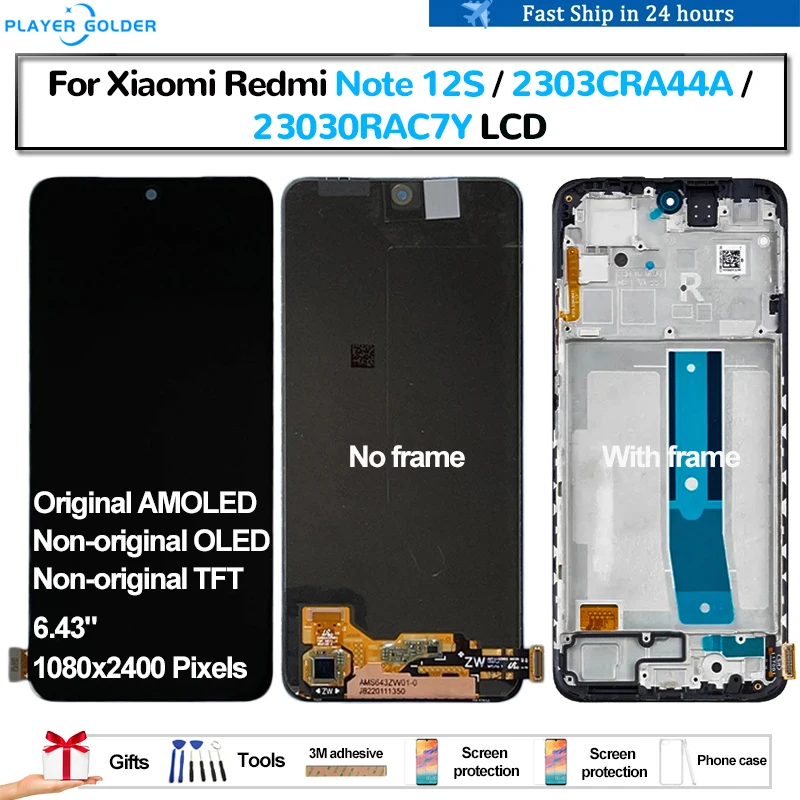 

Original AMOLED For Xiaomi Redmi Note 12S 2303CRA44A 23030RAC7Y Pantalla lcd Display Touch Panel Screen Digitizer Assembly TFT