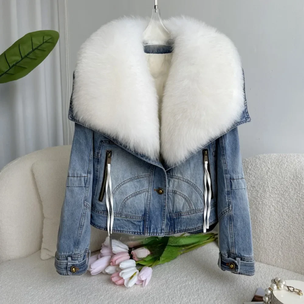 Real Big Fur Coat Denim 2024 Winter New Fox Fur Collar Down Jacket Short Casual White Goose Down Warm Jacket Women Parka Casual