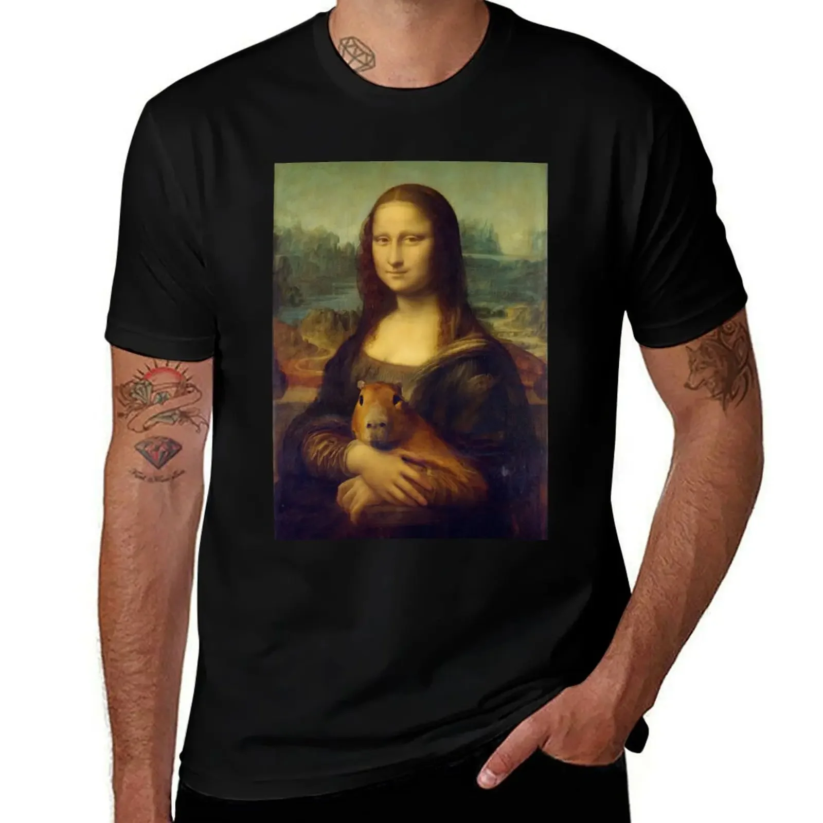 

mona lisa capybara T-Shirt basketball graphic tees blue archive cheap stuff mens funny t shirts