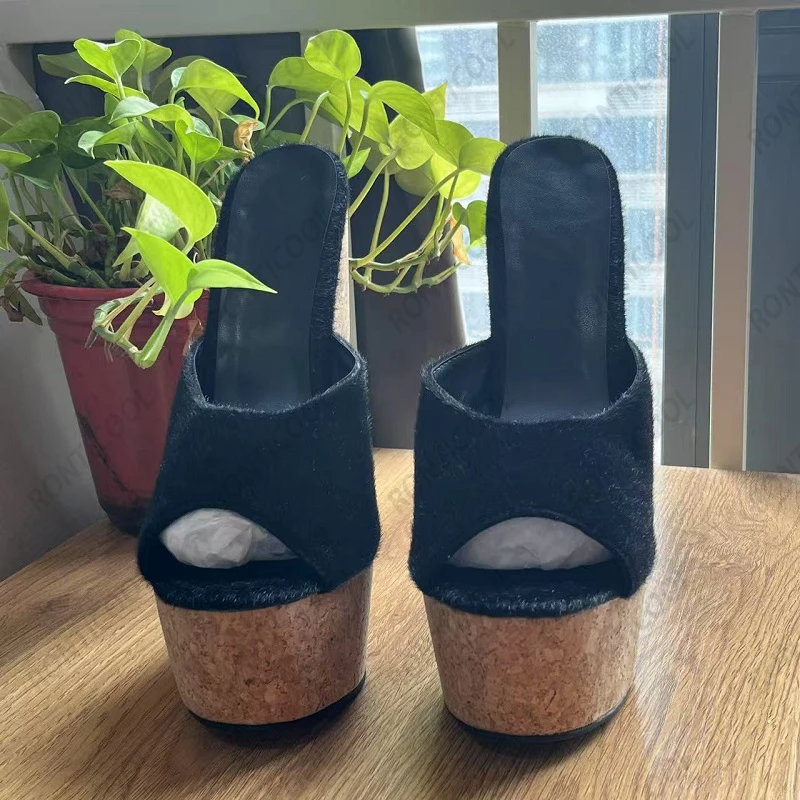 Ronticool اليدوية المرأة الأسود المهر الشعر البغل أسافين مع منصة الفلين جولة تو حذاء كاجوال أسود الولايات المتحدة حجم كبير 4-15