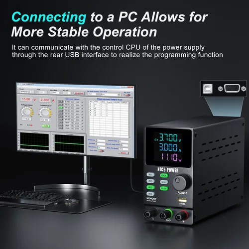 Imagen 2 del producto Fuente de alimentación de banco NICE-POWER, fuente de alimentación de laboratorio programable de 30V 10A con perilla codificadora, almacenamiento de memoria, interruptor de salida