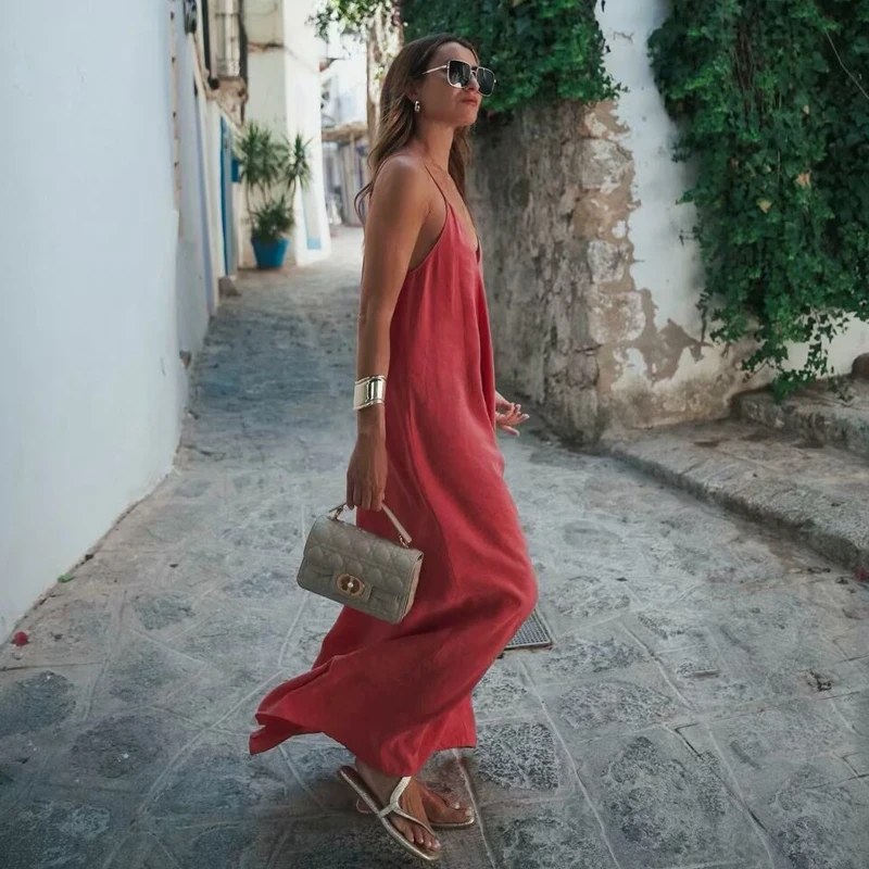 TRAF 2024 Red Slip Maxi Dress Women Sexy Backless Long Dresses for Woman Summer Beach Female Dress Draped Party Dresses Women