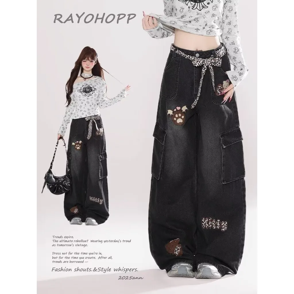 

Korean black graffiti high waisted pleated denim wide leg pants for women's summer new straight leg floor length pants