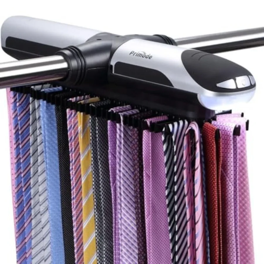 

Motorized Tie Rack Closet Organizer with LED Lights Includes J Hooks for Wired Shelving Stores Up to 72 Ties and 8 Belts Operat