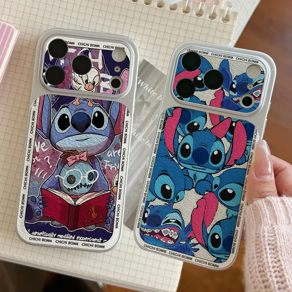 

Disney Lilo Stitch Couples Phone Case For IPhone 17 16 15 14 Electroplated Leather Shockproof Phone Accessories 13 12 11 Casing