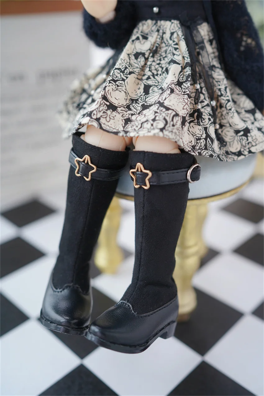 

BJD Toy Doll Shoes Черные девушки Элегантные мягкие кожаные высокие сапоги на низком каблуке с пряжкой в виде звезды Острый носок Подарок 1/4 1/6 bjd Аксессуары для кукол