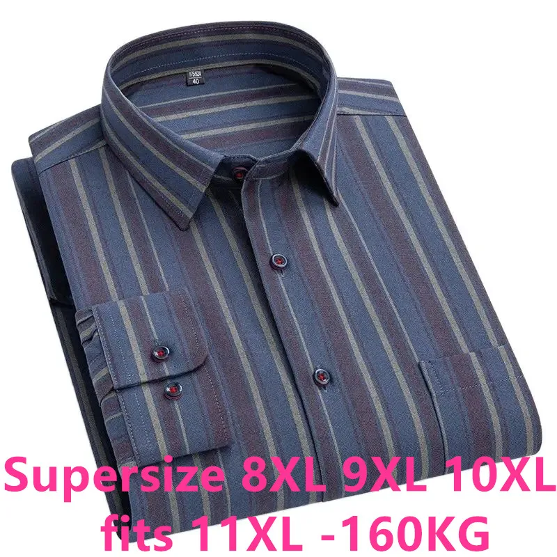 Big Size 11XL 10XL 9XL 8XL 100 Cotton Long Sleeve Shirt for Men Pocket Oxford Striped Casual Shirt Men Long Sleeve Slim Fit