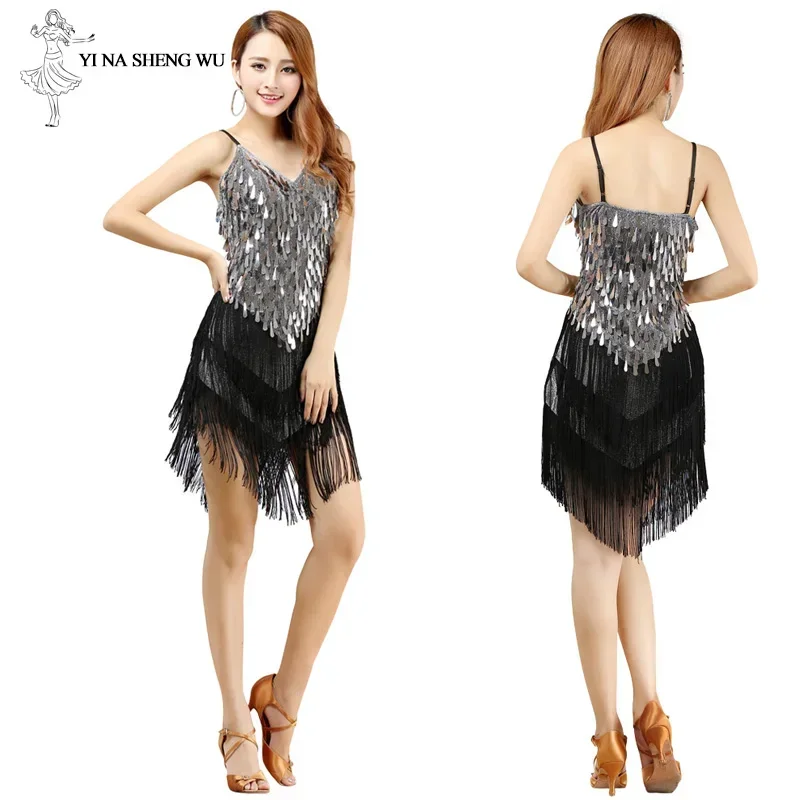 Robe de danse latine à paillettes brillantes pour femmes, Costume de scène de danseuse à pampilles brillantes, salle de Banquet, Salsa Samba Rumba Jazz Tango, ensemble
