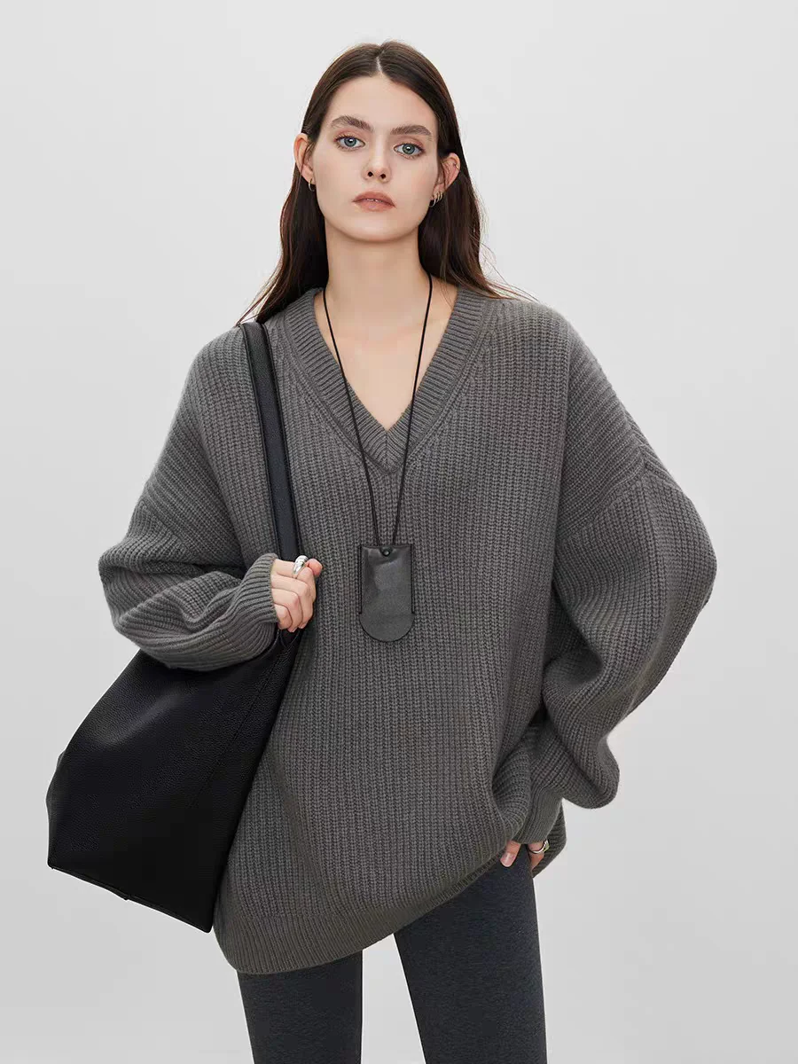 

Осенне-зимний мягкий восковой кашемировый свитер из чистого горного кашемира, женский толстый длинный свитер с v-образным вырезом, свободная трикотажная юбка ленивого силуэта