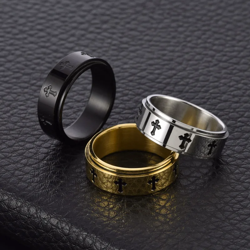 Black/Sliver/Gold Color Stainless Steel Cross Rotatable Spinner Rings Men Women Anxiety Fidget Ring Worry & Stress Relief Ring