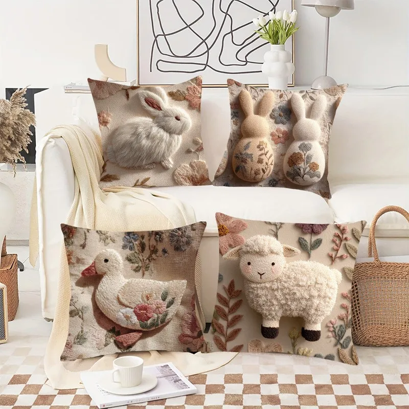 VIKAMA Osterhasen-Überwurfdecke, gesticktes Muster, Kissenbezug für Wohnzimmer, Sofa, Schlafzimmer, Kissenbezug