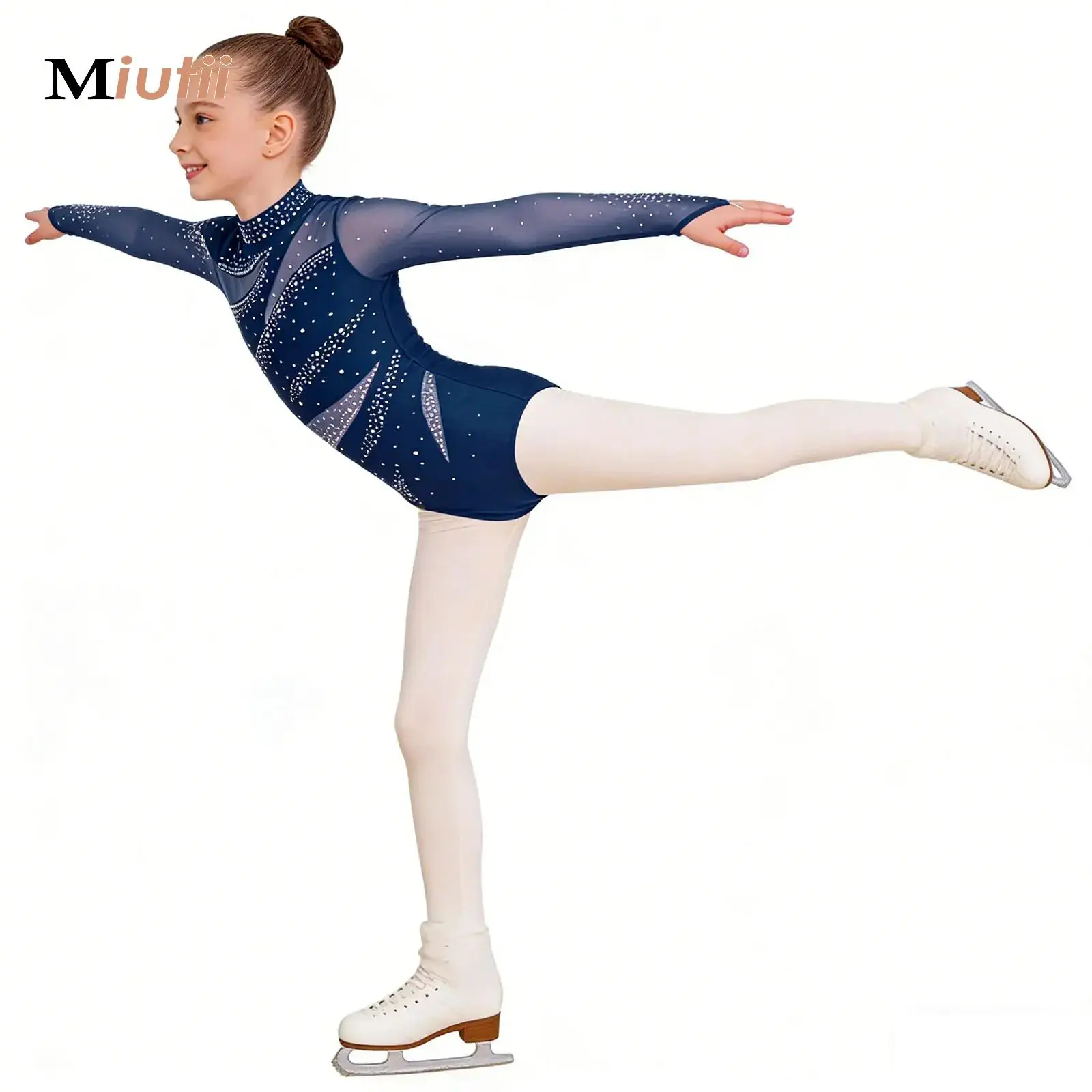 

Kids Girls Figure Skating Practice Dance Bodysuit Gymnastics Leotard Long Sleeve Rhinestones Ice Skating Ballet Jumpsuit Costume