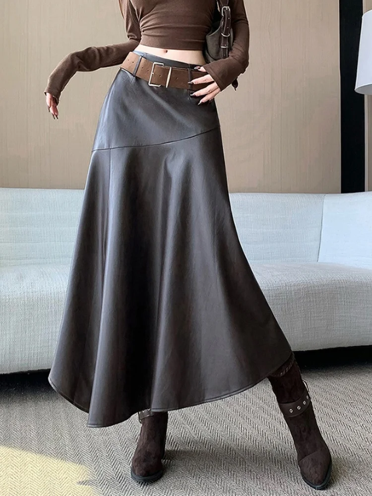 

SMTHMA осень-зима новый модный дизайн нерегулярная юбка из искусственной кожи корейская версия длинная утягивающая юбка с высокой талией и поясом