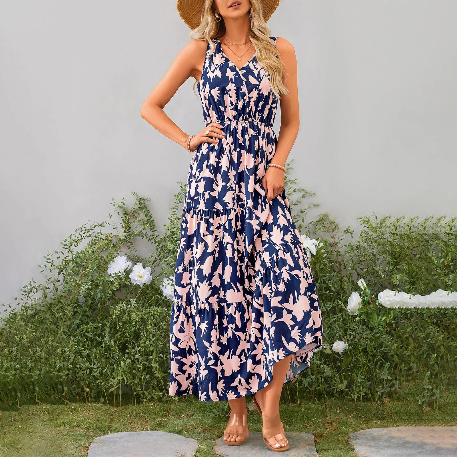 Letnia sukienka kwiecista długa damska 2024 Boho sukienka plażowa elegancka damska wieczorowa sukienka Maxi bez rękawów Sundress Vestidos