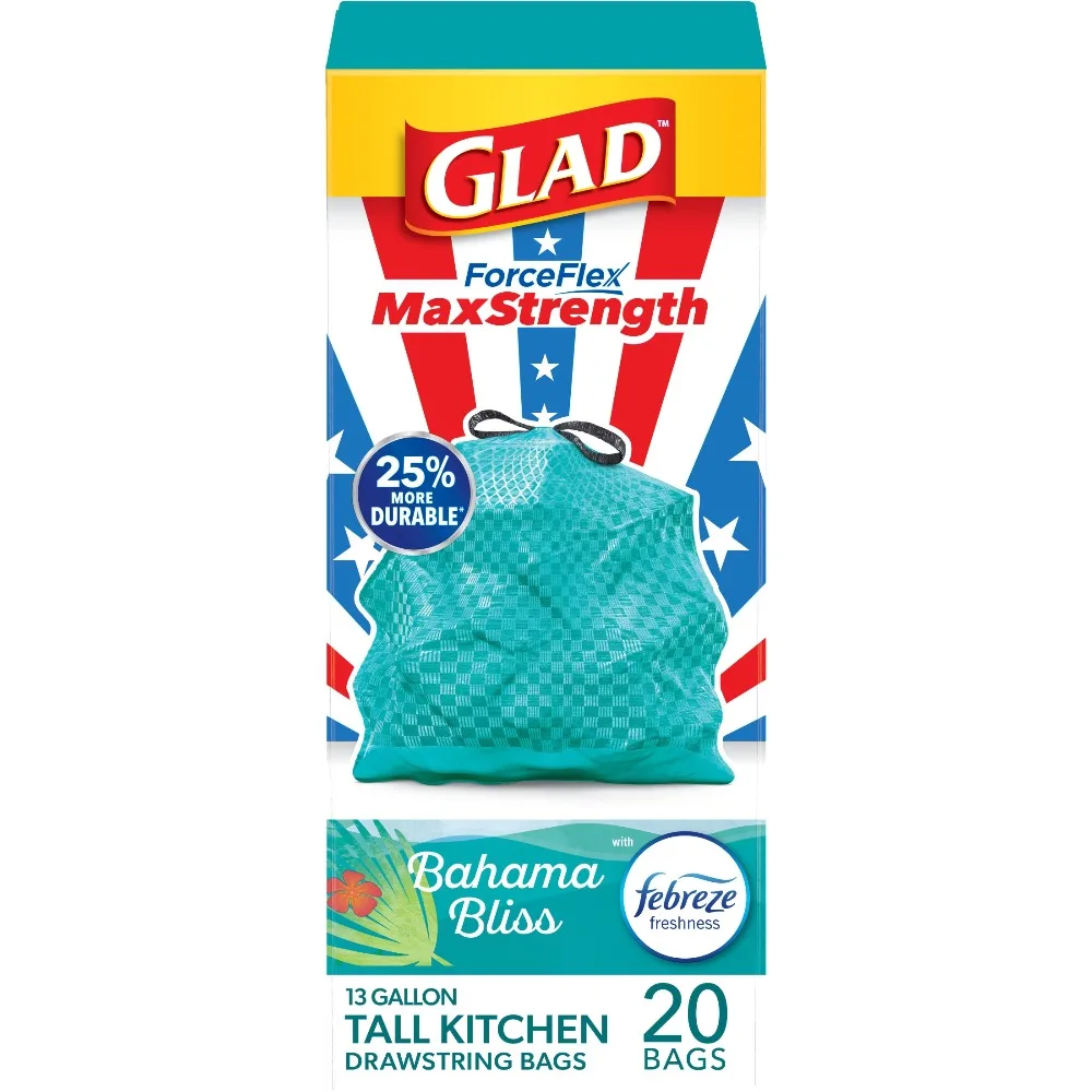 Glad ForceFlex MaxStrength 13-Gallon Teal Drawstring Tall Kitchen Trash Bags, Febreze Freshness Bahama Bliss Scent, 20 Bags