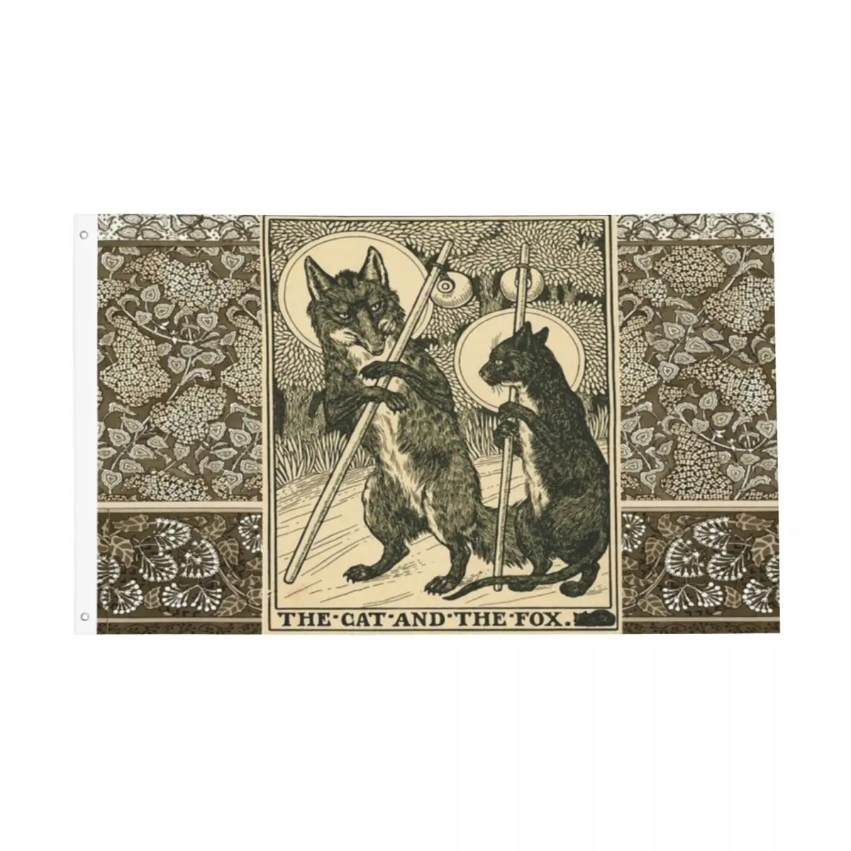 THE CAT AND THE FOX Forest Animals Black Flag Decor 3x5FT Vintage Indoor Vibrant Colors Flowy