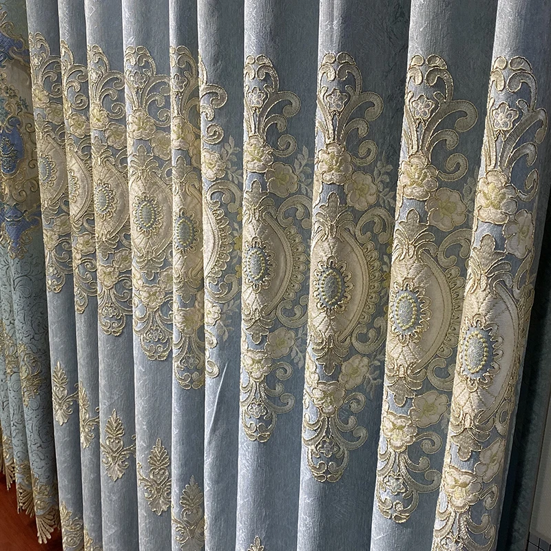 New Luxury European Living Room Chenille Embroidered Curtain Set Bedroom Blackout Window Elegant Custom Jacquard Lace Blue Tulle