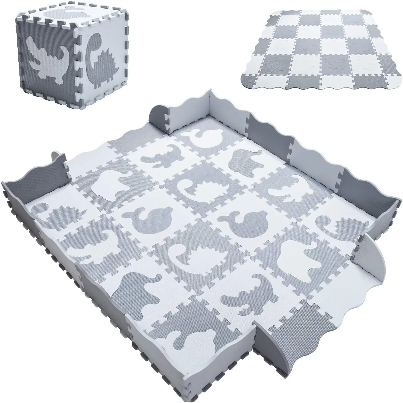 Tapis Puzzle Bébé Dalle Mousse Enfant Tapis d’Eveil Gris et Blanc Animaux Tapis de Jeu Imperméable Antidérapant 16 Dalles Cadeau Fête Anniversaire